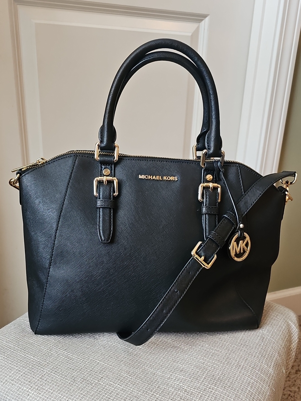 Michael Kors Black Satchel With Gold Tone Hardware